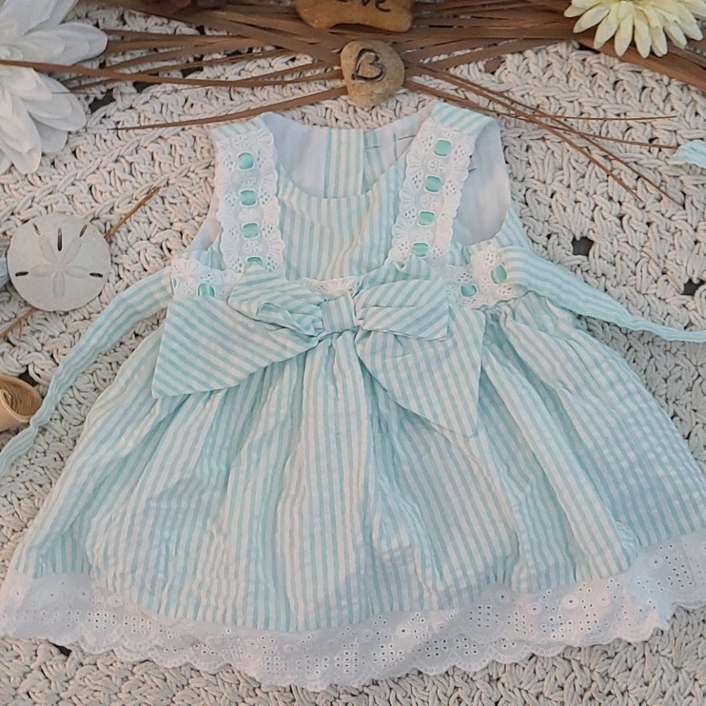 SUMMER BEAUTIFUL TEAL WHITE LACE  STRIPED  DRESS - Picture 3 of 16